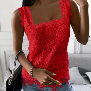 Red square neck lace sleeveless tank top summer women fashion casual chic tops style