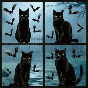 Halloween Realistische Schwarze Katze Fledermaus Statische Fensterbilder PVC Grüne Augen Aufkleber Für Glastür Schaufenster Deko