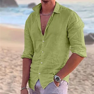 Men's casual long sleeve shirt solid color lapel beach top for summer outdoor wear.