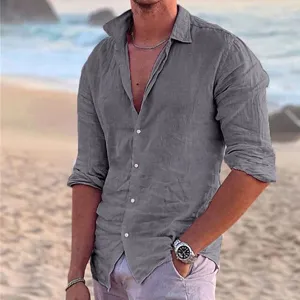 Detailed view of men's casual solid color lapel beach shirt, breathable fabric, outdoor street style.