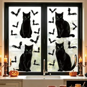 Halloween schwarze Katze Fledermaus statische Aufkleber Glas Wand Dekor Detailansicht