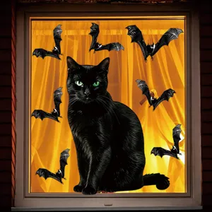 Halloween realistischer schwarzer Kater und Fledermaus Fenstersticker fuer Glas Dekoration.