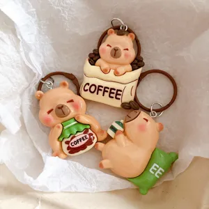 Cute cartoon capybara keychain coffee theme bag charm kawaii resin pendant accessory