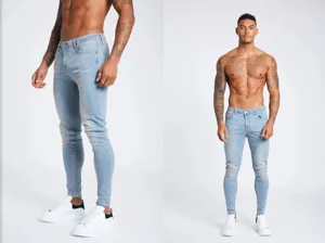Men's light blue skinny denim jeans, casual slim fit long trousers for fashionable everyday wear.
