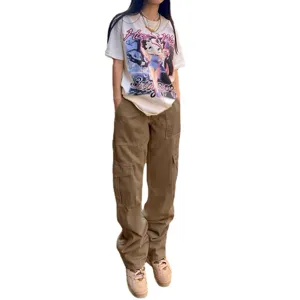 Women street style fashion outfit set with graphic print t-shirt and khaki cargo pants
