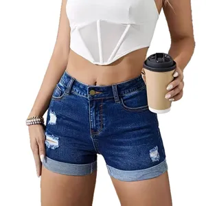 Women ripped denim shorts summer high waist cuffed stretch casual jeans for ladies apparel