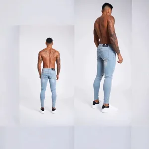 Men's light blue skinny fit denim jeans, casual stretch slim fit long trousers for daily wear.