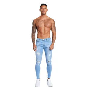 Men's slim fit ripped light blue jeans casual comfortable fashion long denim trousers