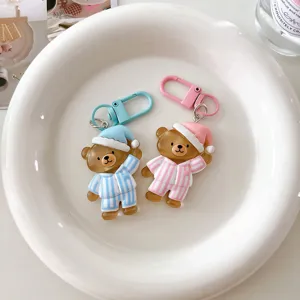 Cartoon Sleeping Pajamas Bear Keychain Resin Animal Pendant For Backpack School Bag Accessory Couple Gift Jewelry Key Ring