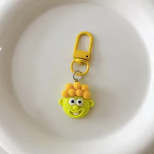 Close-up of a funny yellow cartoon character keychain, cute bag charm and accessory detail.