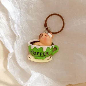 Cute capybara coffee cup keychain pendant backpack ornament schoolbag accessory gift