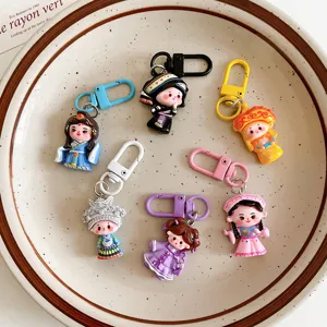 Detailed view of colorful ethnic style cartoon keychains showcasing various designs.