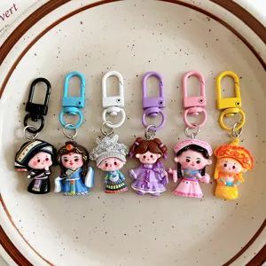 Cute ethnic style girl keychain pendant cartoon student backpack hanging ornament accessory.