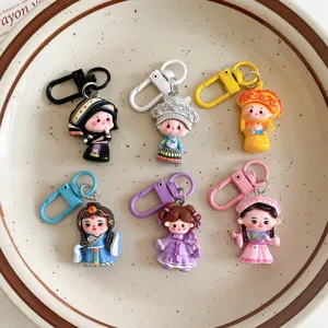 Cute Cartoon Ethnic Style Girl Keychain Resin Bag Charm Colorful National Costume Doll Pendant Accessory Backpack Hanging Ornament Travel Gift