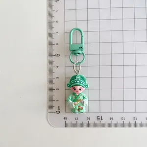 Closeup detail view of Chinese opera character keychain, cute green cartoon design ornament.