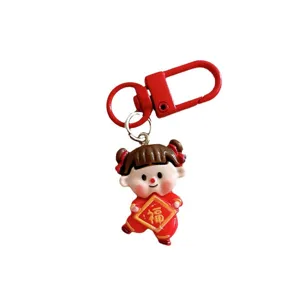 New Year Red Fortune Doll Keychain Resin Lucky Girl Backpack Pendant Cartoon Festive Student Schoolbag Key Ring Gift