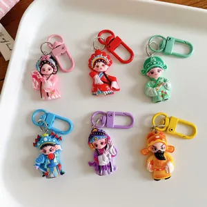 Cute cartoon Chinese opera character keychains set, stylish resin pendant backpack accessories.