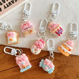 Cartoon Pig Party Keychain Resin Piggy Backpack Pendant For Students Girls Cute Animal Food Shape Key Ring Accessory Gift
