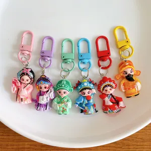 Cute cartoon Chinese opera character keychains set, colorful metal keychain pendants for bags.