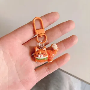 Close-up of a cute orange cat keychain with metal clasp, detailed design, perfect bag accessory.