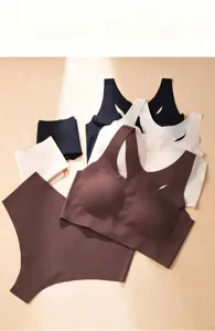 Detailed view of seamless wireless bra and panty set in multi colors, showing flat lay design.