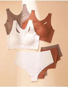 Detail view of seamless ice silk women wireless bra and panty set in neutral earth tones.