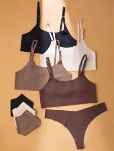 Detailed close up view of seamless ice silk women bra and panties set in neutral colors.