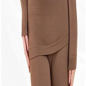 Brown seamless thermal underwear set for women, warm winter base layer top and trousers.