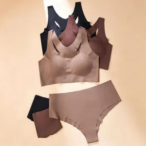 Seamless wireless bra and underwear set, breathable ice silk push-up lingerie for women.