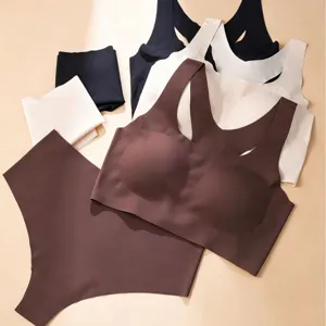 Seamless wireless bra and panties set, ice silk push up racerback lingerie for women.