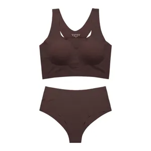 Seamless wireless push-up bra and high-waist panties set for women in dark brown color.