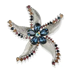 Elegant rhinestone starfish brooch for women, luxury silver tone crystal lapel pin jewelry.