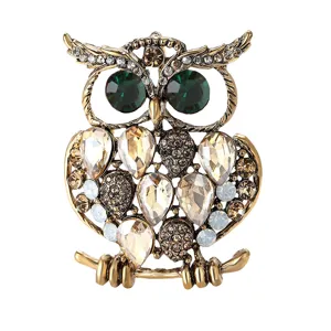 Gros plan d'une broche hibou vintage, alliage doré antique avec des yeux en strass verts.