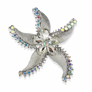 Sparkling rhinestone starfish brooch detail, silver tone alloy crystal fashion jewelry accessory