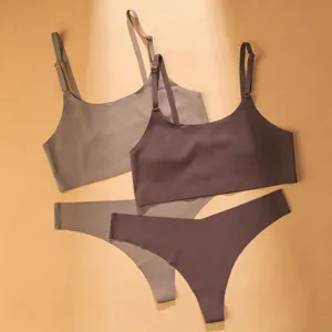 Women seamless ice silk bra and thong set breathable comfortable daily underwear main image.