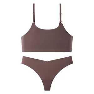 Seamless brown bralette and thong lingerie set, breathable daily underwear for women.