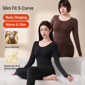 Women thermal underwear set wool blend slim fit long sleeve base layer top leggings