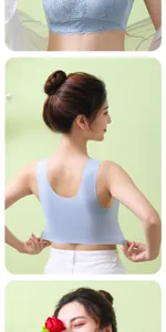 Detail view of women's seamless lace bralette in light blue, featuring supportive comfortable design.