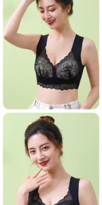 Close-up detail of women wireless lace bra, comfortable wide strap design and delicate floral patterns.