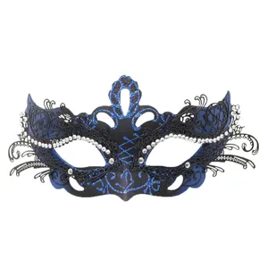 Close-up detail of ornate metal filigree masquerade mask with sparkling rhinestones and blue glitter.