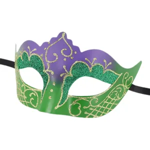 Masquerade mask detail, purple and green design with gold glitter, party costume prop.