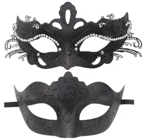 Set de máscaras de mascarada negras con pedrería y diseños de purpurina para fiesta.