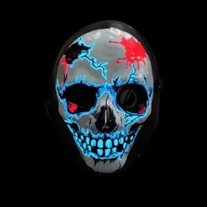 Close up view of the LED glowing skull mask with blue and red light effects for party.
