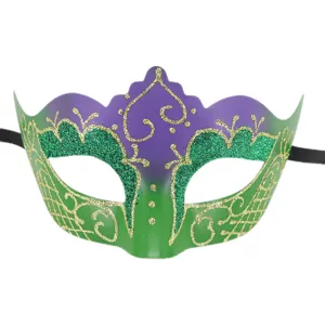 Carnival masquerade mask featuring purple and green glitter details with secure black strap.