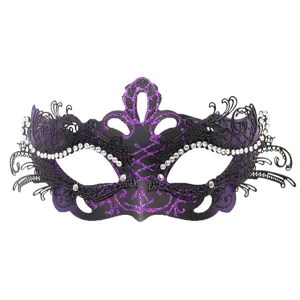 Detailed view of black and purple metal masquerade mask with intricate cutouts and sparkling rhinestones.