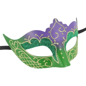 Detailed close-up of the purple and green masquerade mask featuring glitter gold patterns.