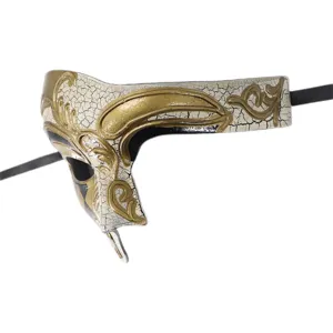 Maschera veneziana mezza faccia, design craquelé oro bianco, dettaglio stile Opera Fantasma.