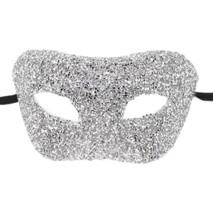 Masque de fete venetien en strass argentes pour bal masque et fete avec sangle noire.