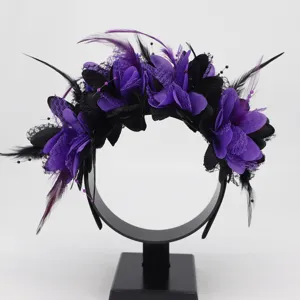 Halloween Feather Flower Headband Gothic Party Hair Accessories For Women Masquerade Carnival Mesh Floral Hair Band