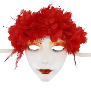 Rote Blumen Feder Maskerade Maske, weißes Gesicht für Halloween Party Cos Performance Requisiten.